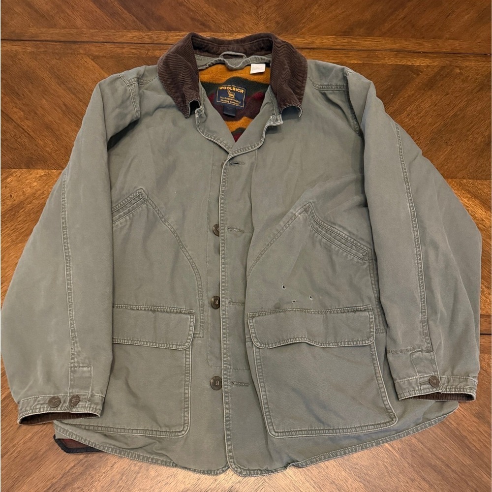 Woolrich Mens Loden Green Canvas Barn Jacket Fleece Lined Corduroy Collar XL